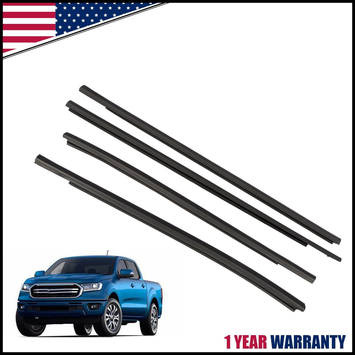 Set of 4 Door Belt Line Weatherstrip Rubber Seal for Ford Ranger (2011–2021)
