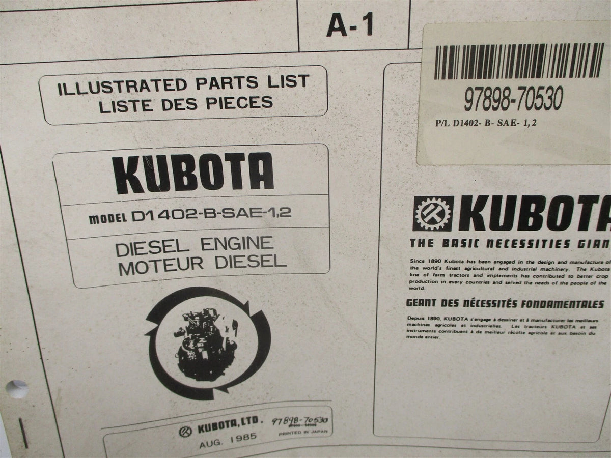 Illustrated Parts List Manual for Kubota D1402-B-SAE-1,2 Engines (97898-70530)