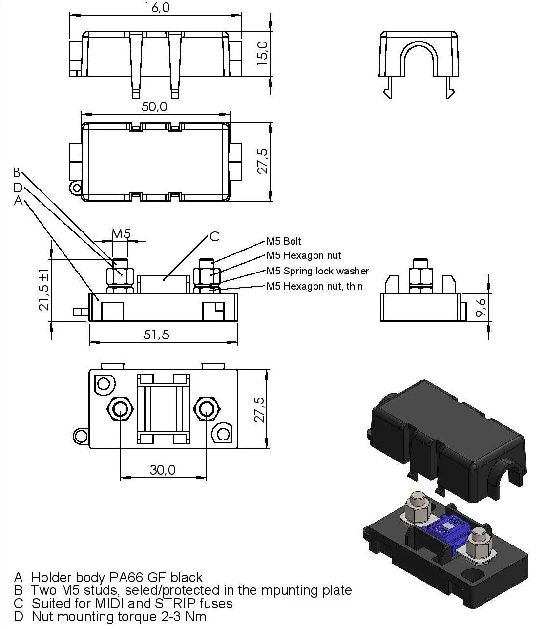 Flosser 724800 Bolt On MIDI Fuse Holder for AMI Type (Made in Europe)