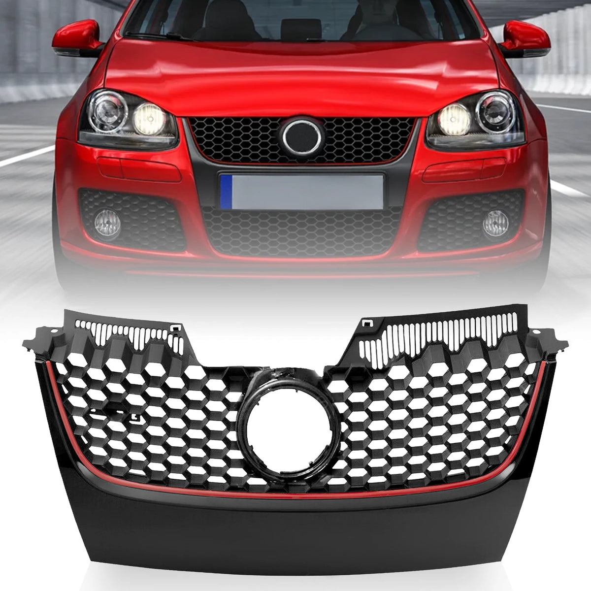 Upper Hex Mesh Grille for VW Mk5 Jetta/GLI/GTI (2006–2009) - Matte Black Red Trim