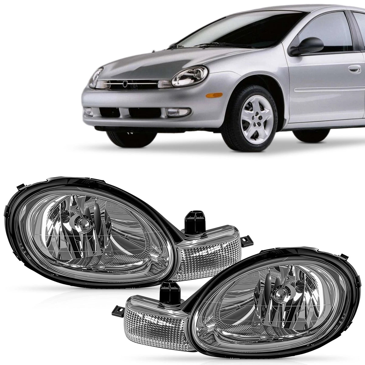 Pair Headlights for Dodge Chrysler Neon (2000–2002) Chrome Interior