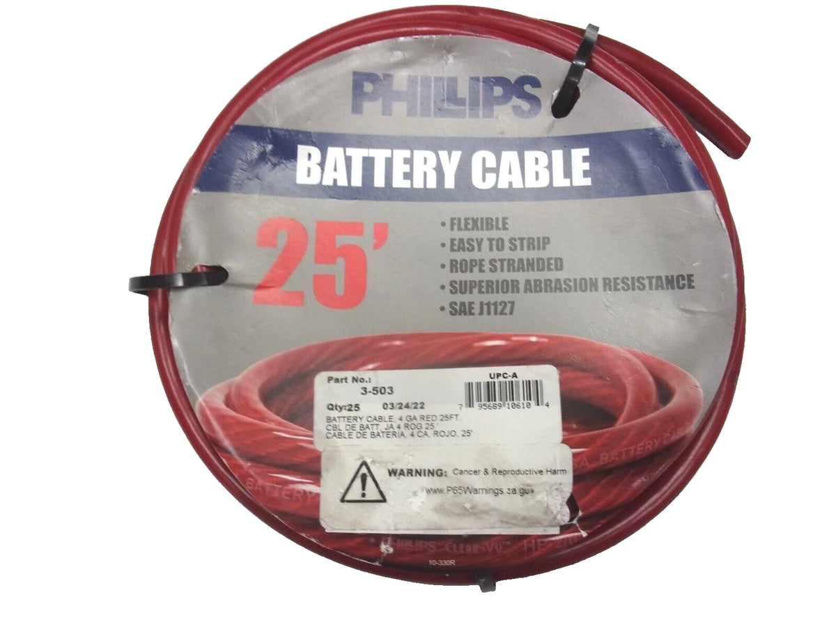 3-503 Phillips 25' Red 4 Gauge Flexible Battery Cable for Automotive