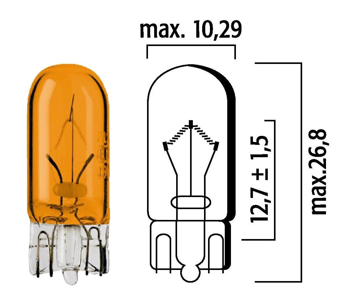 10 Amber Mini Bulbs T3-1/4 12V 5W W2.1x9.5d T10 Wedge Base for