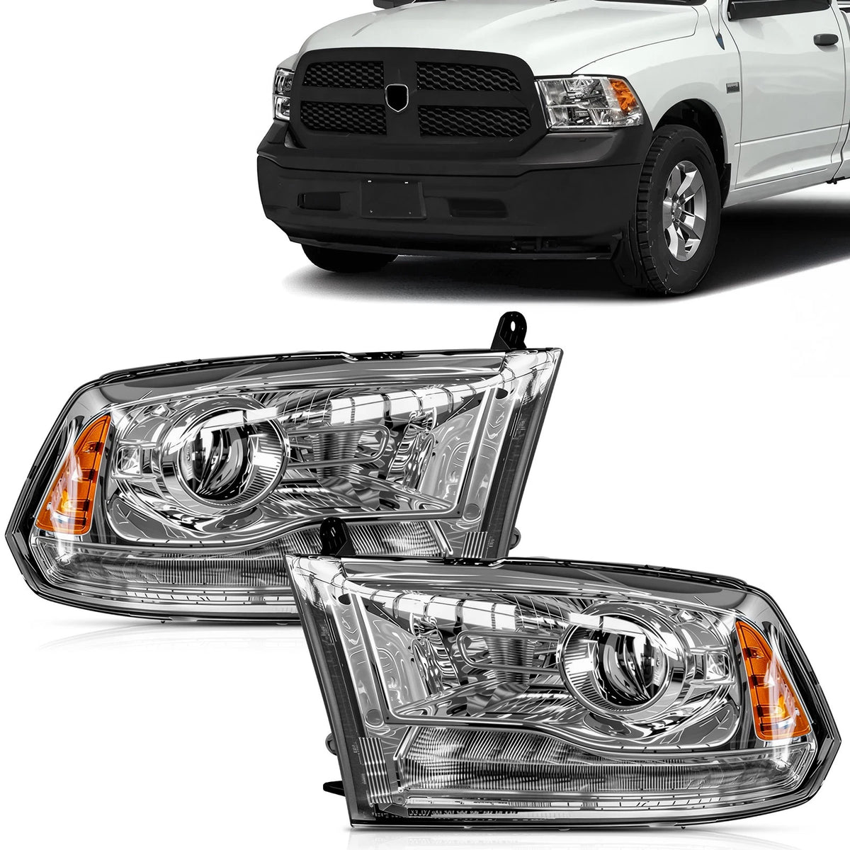 2X Chrome Headlights with LED DRL for Ram 1500 2500 3500 (2013–2018)