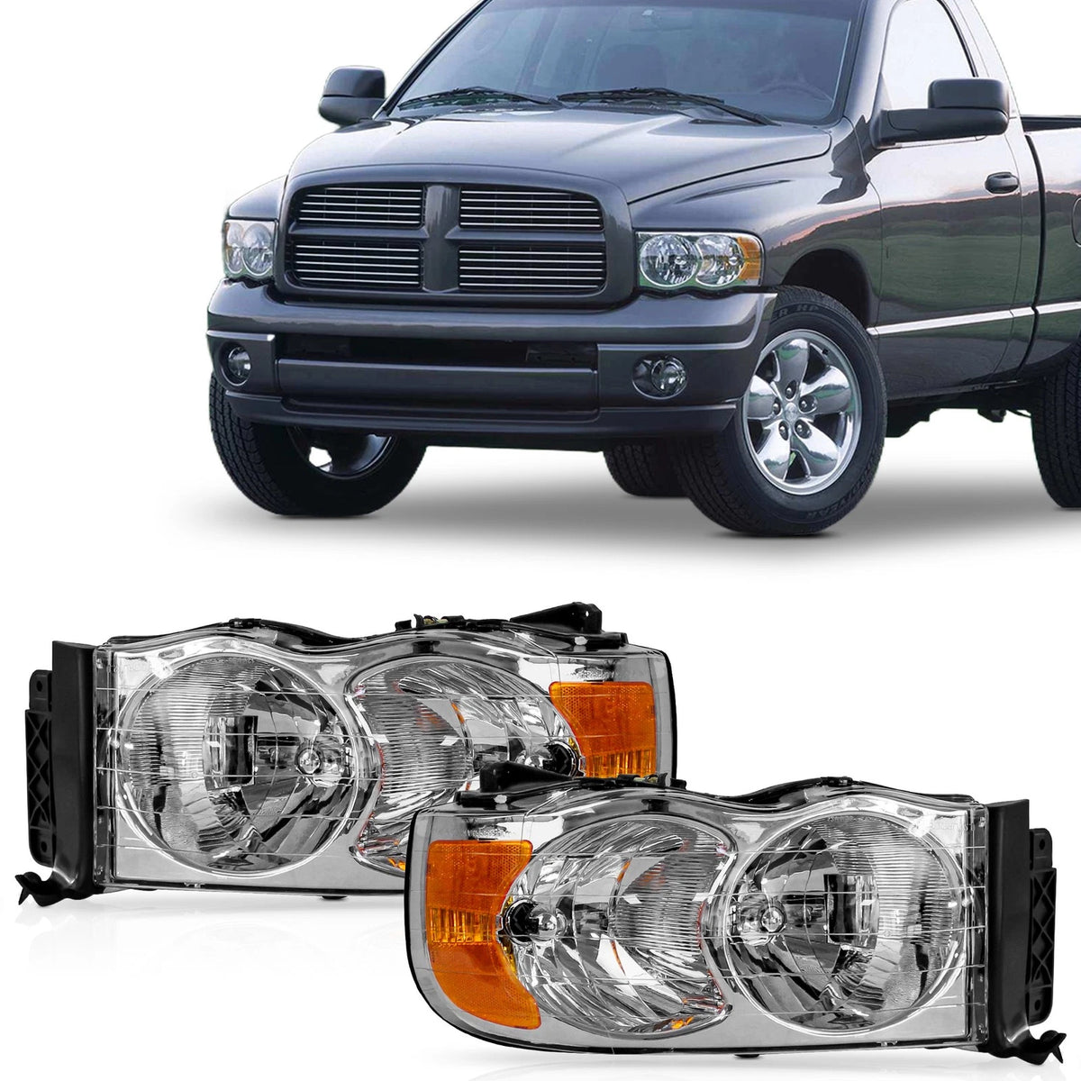 Chrome Housing Amber Corner Headlights for Dodge Ram 1500 2500 3500 (2002–2005)