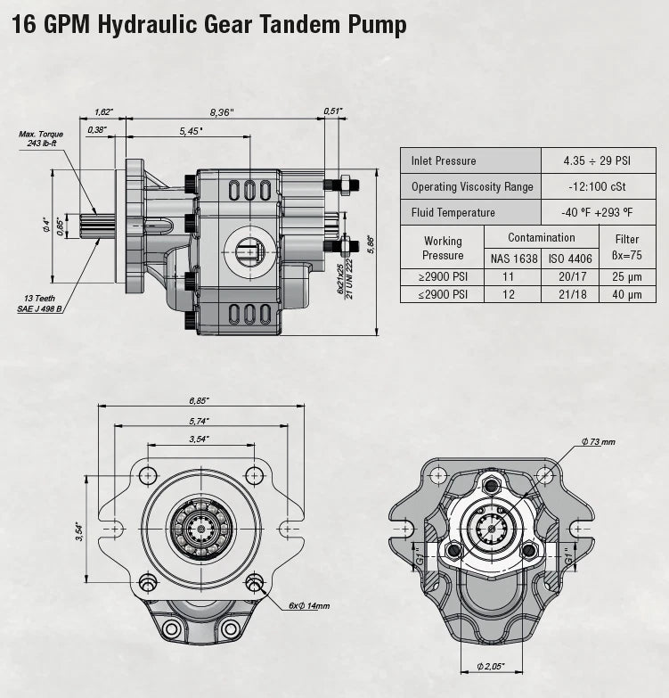 16 GPM Hydraulic Gear Tandem Pump for BD (SAE-B 13T, 4 Port, 1" NPT)