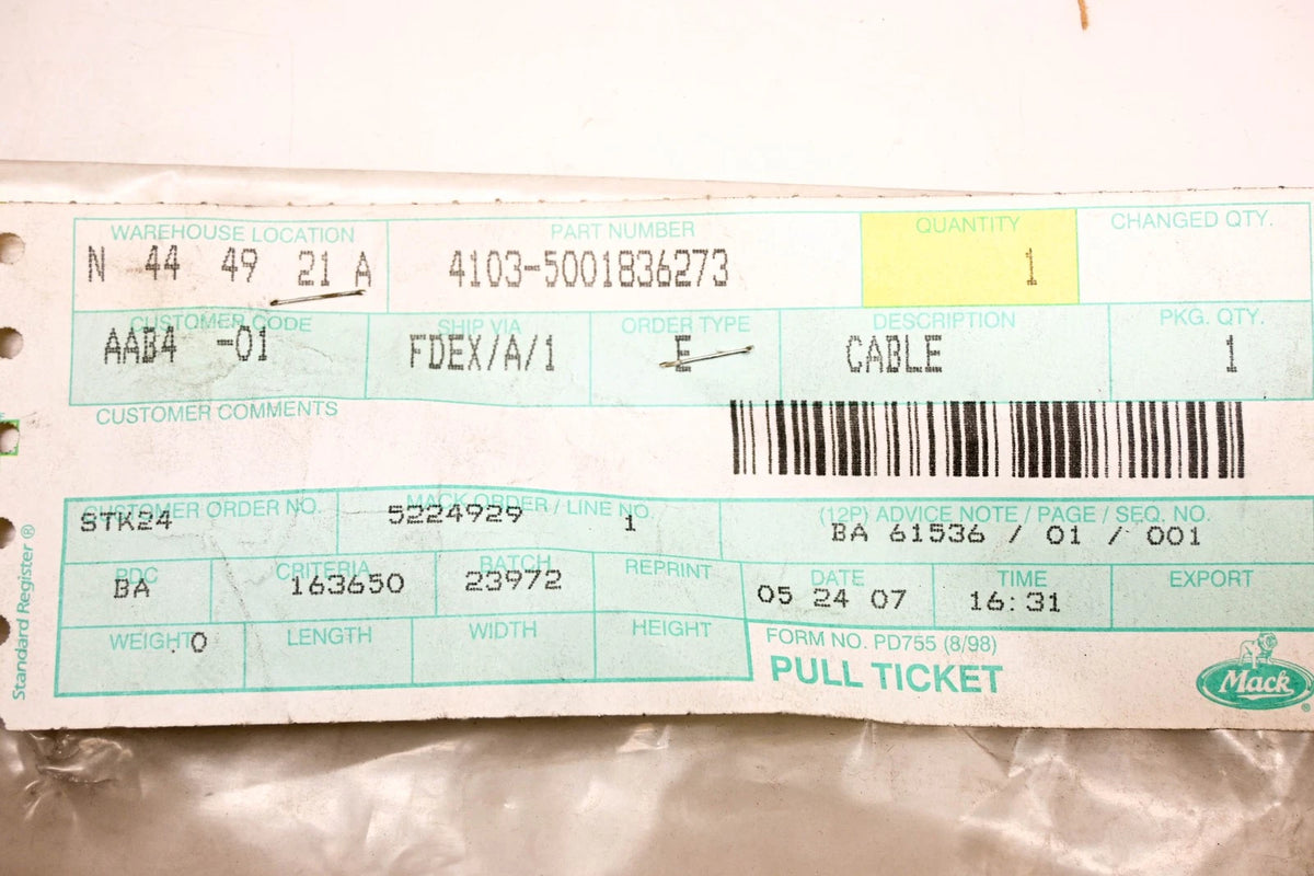 Cable for Mack 4103 (NOS) - Part Numbers 4103-5001836273, 5000836273