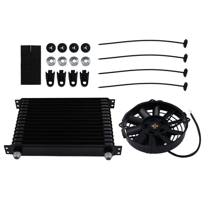 15-Row Aluminum Transmission Oil Cooler with 7" Fan for Universal 10AN Kit