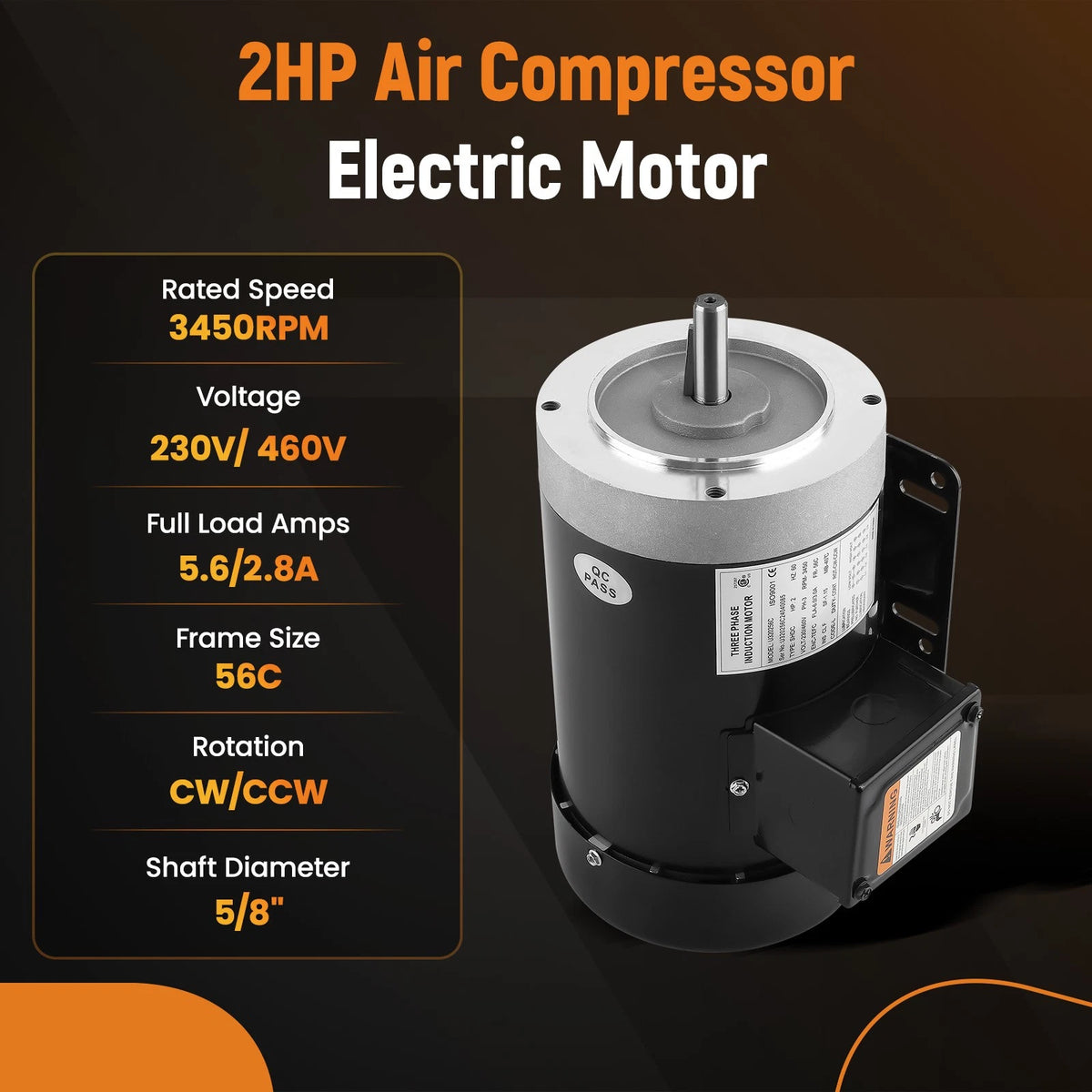 2HP Electric Compressor Duty Motor 3 Phase TEFC 3450RPM 56C Frame 5/8"