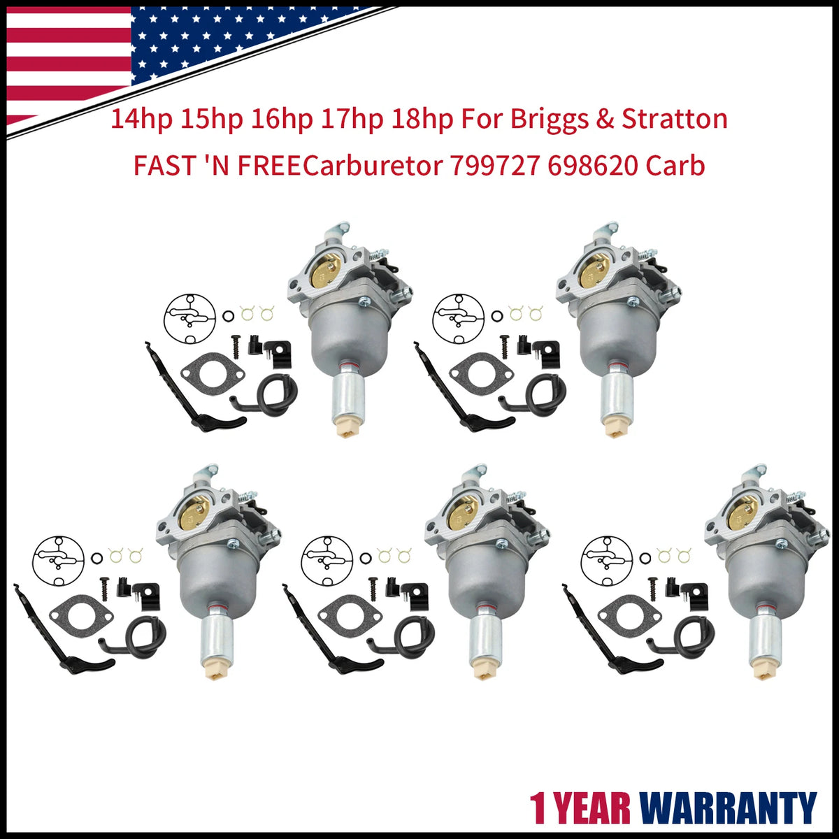 Set of 5 Carburetors for Briggs & Stratton 14-18HP (799727, 698620, 791886)