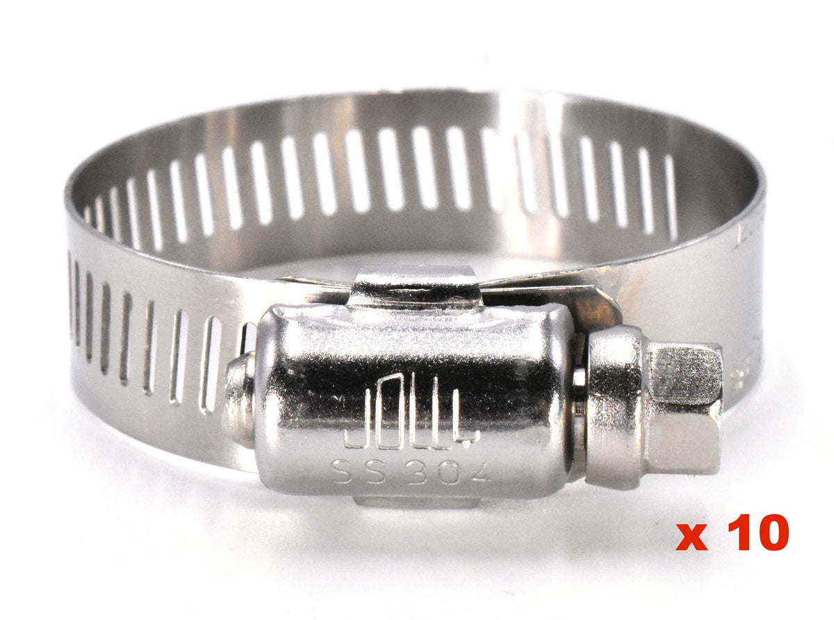 Set of 10 SAE Size 10 1/2" to 1-1/16" 300 SS Steel Worm Drive Hose Clamps