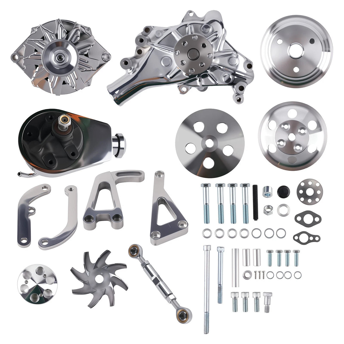 Chrome Small Block Kit for Chevrolet (w/ Long Water Pump, Alternator, PS Pump)