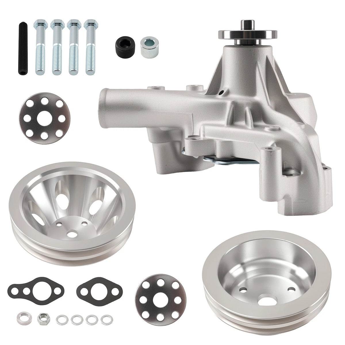 Aluminum Long Water Pump & 2 Groove Crankshaft Pulley Kit for SBC Chevy 350 (1969–1986)