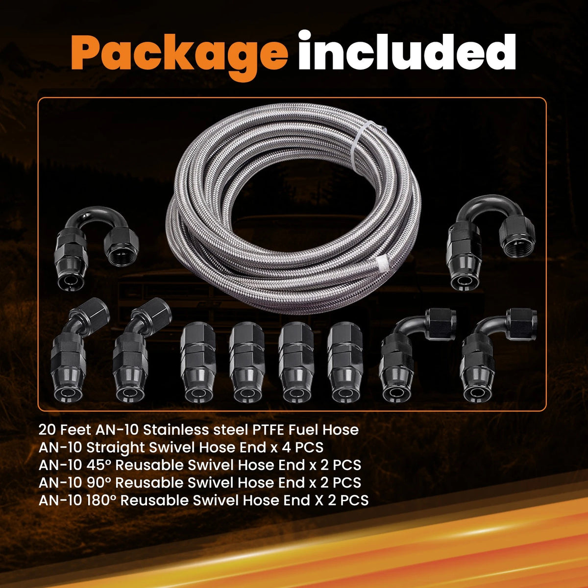 20FT AN10 -10AN Stainless Steel PTFE Braided Oil Fuel Hose Line Kit