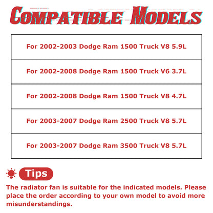 Cooling Fan for Dodge Ram 1500 2500 3500 (2002–2009)
