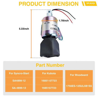 Fuel Shut-Off Solenoid 16851-57723 SA-4899-12 for Kubota D722 D902 Z482