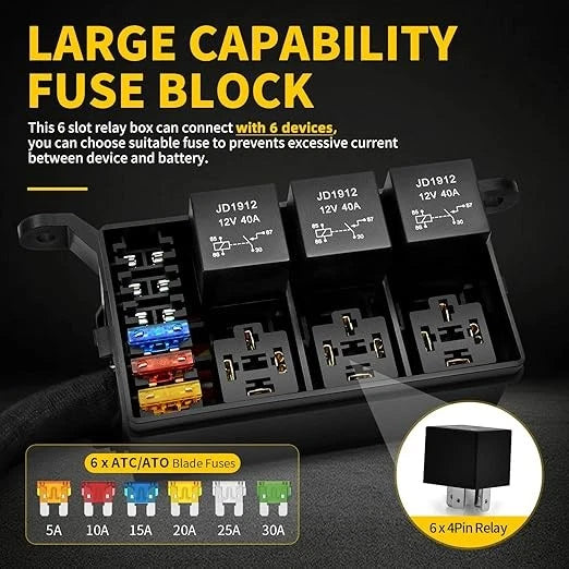 12V Fuse Relay Box with 6 Relays & 6 Way ATC/ATO Fuses for Auto Marine Boat