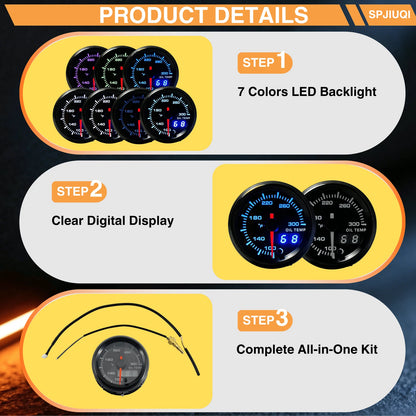 2" 52mm Dual Display Oil Temperature Gauge 100-280℉ for Universal Fit