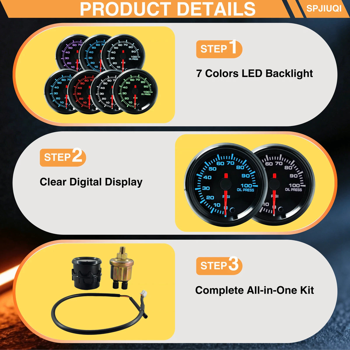 2" Electronic Digital LED Oil Pressure Meter Kit for Universal Applications (0-100 PSI)