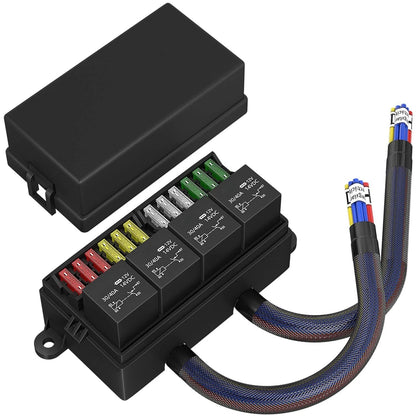 12V Fuse Relay Box with 4 Relays & 12 Way ATC/ATO Fuses for Auto Marine Boat