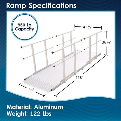 10' Wheelchair Ramp with Handrails, 850 lb Capacity, Non-Slip