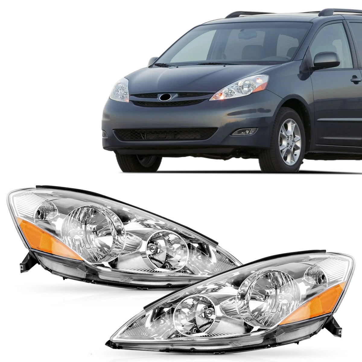 Headlight Assembly Set of 2 for Toyota Sienna (2006–2010) Chrome Housing