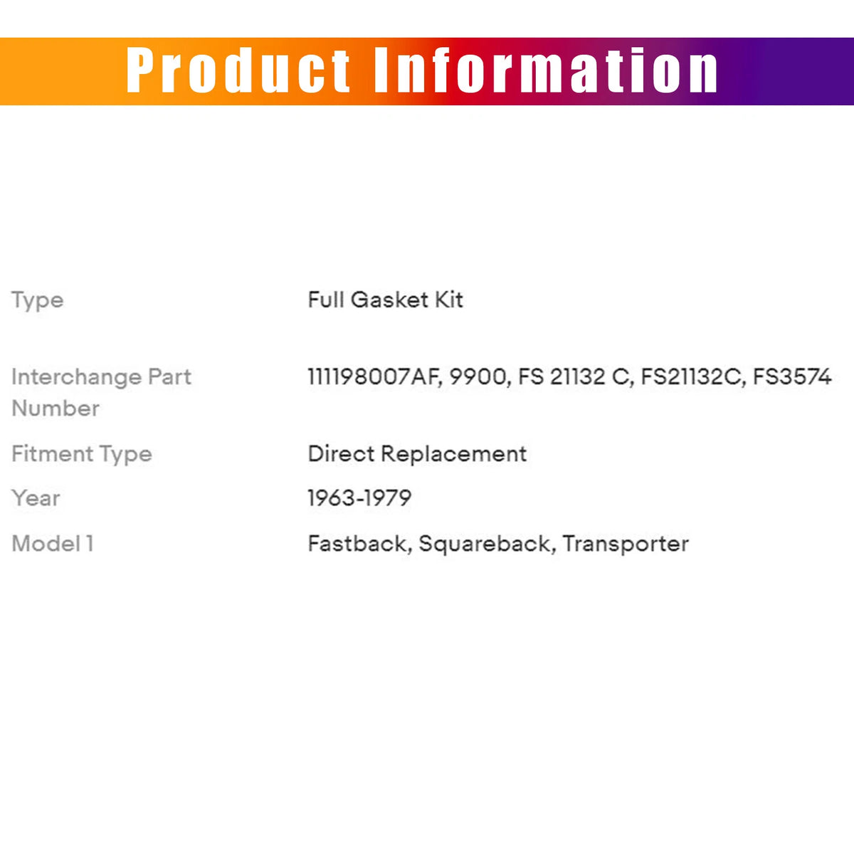 Complete Engine Gasket Set for Volkswagen Super Beetle (1968–1979)