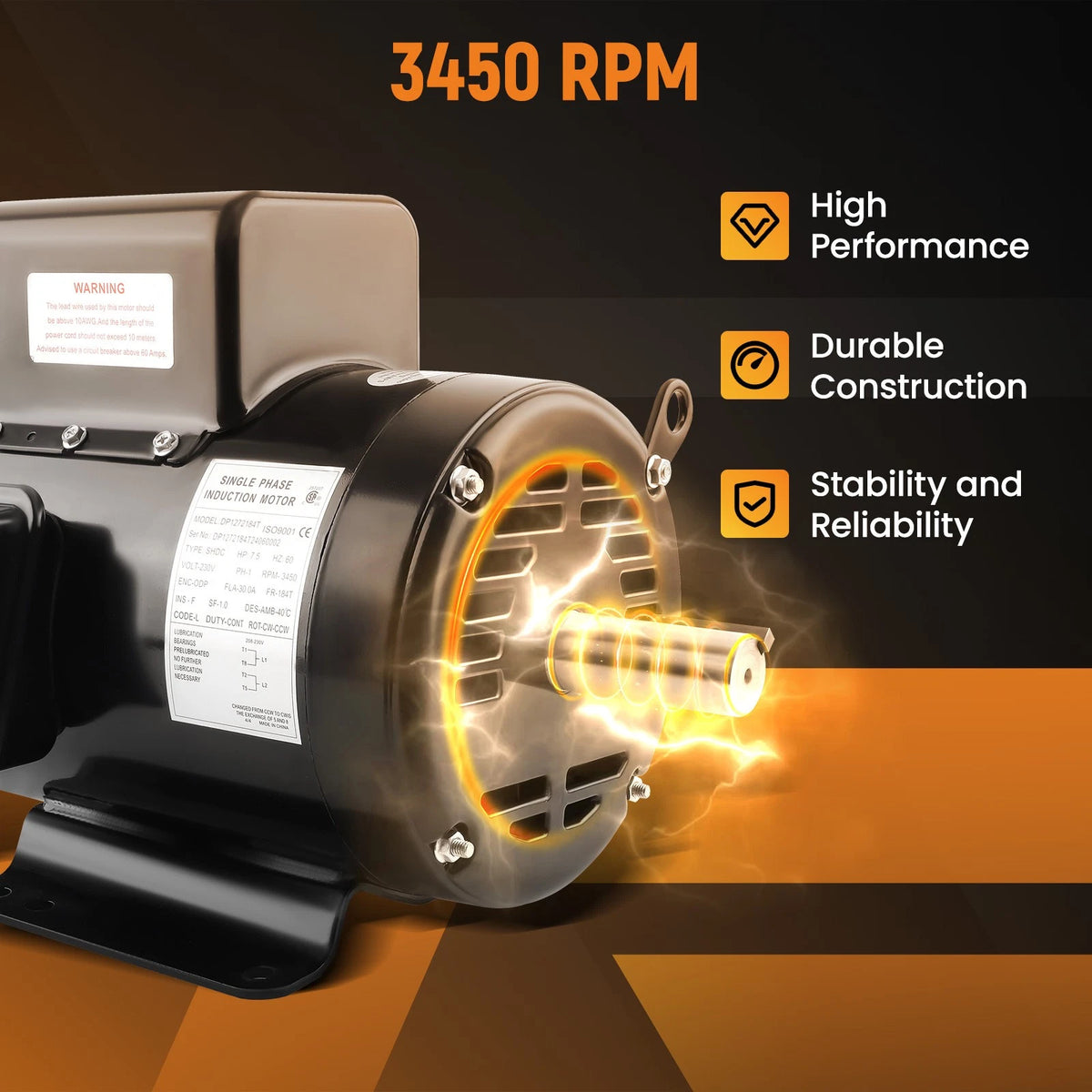 Air Compressor Motor 7.5HP 30A 3450RPM for Electric Applications