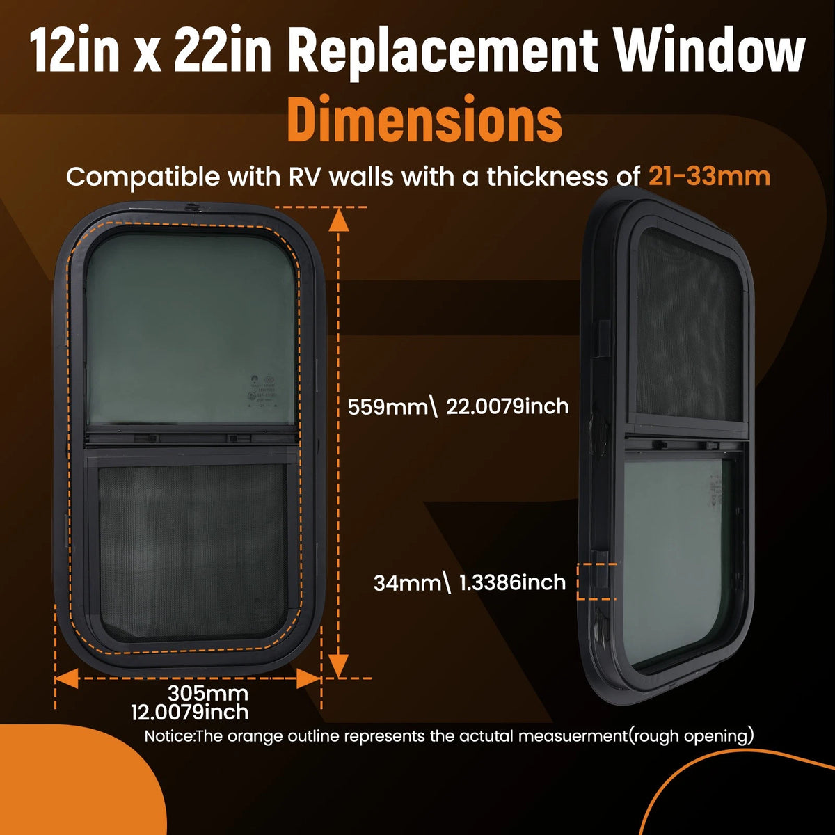 12" x 22" Vertical RV Window for RV/Camper/Cargo/Food Truck
