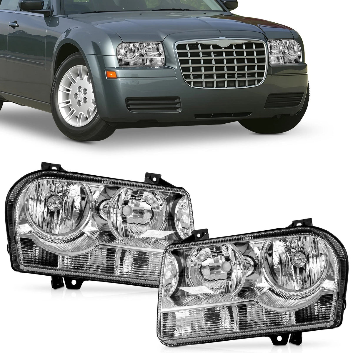2X Replacement Headlights for Chrysler 300 (2005–2010) Halogen Chrome