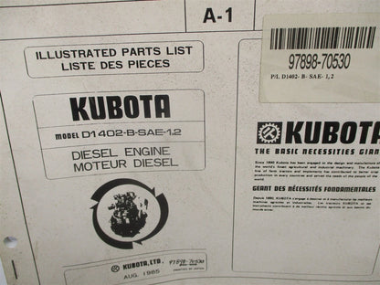 Illustrated Parts List Manual for Kubota D1402-B-SAE-1,2 Engines (97898-70530)