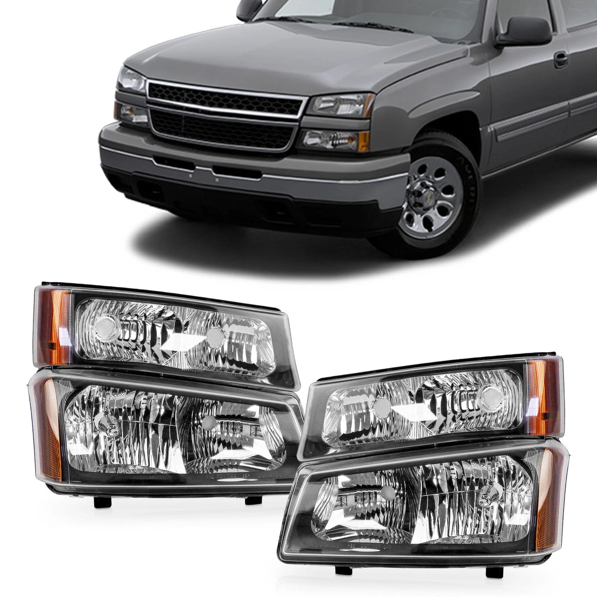 Set of 2 Headlights Chrome for Chevy Silverado Avalanche 1500 2500 (2003–2006)