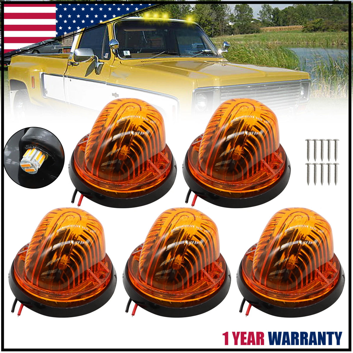 Set of 4 Amber Roof Top Cab Lights + 194 LED for Chevy GMC C/K Series (1973–1987)