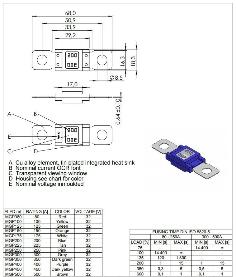 5X Bolt On 225 Amp Fuses for MEGA AMG (8048225)