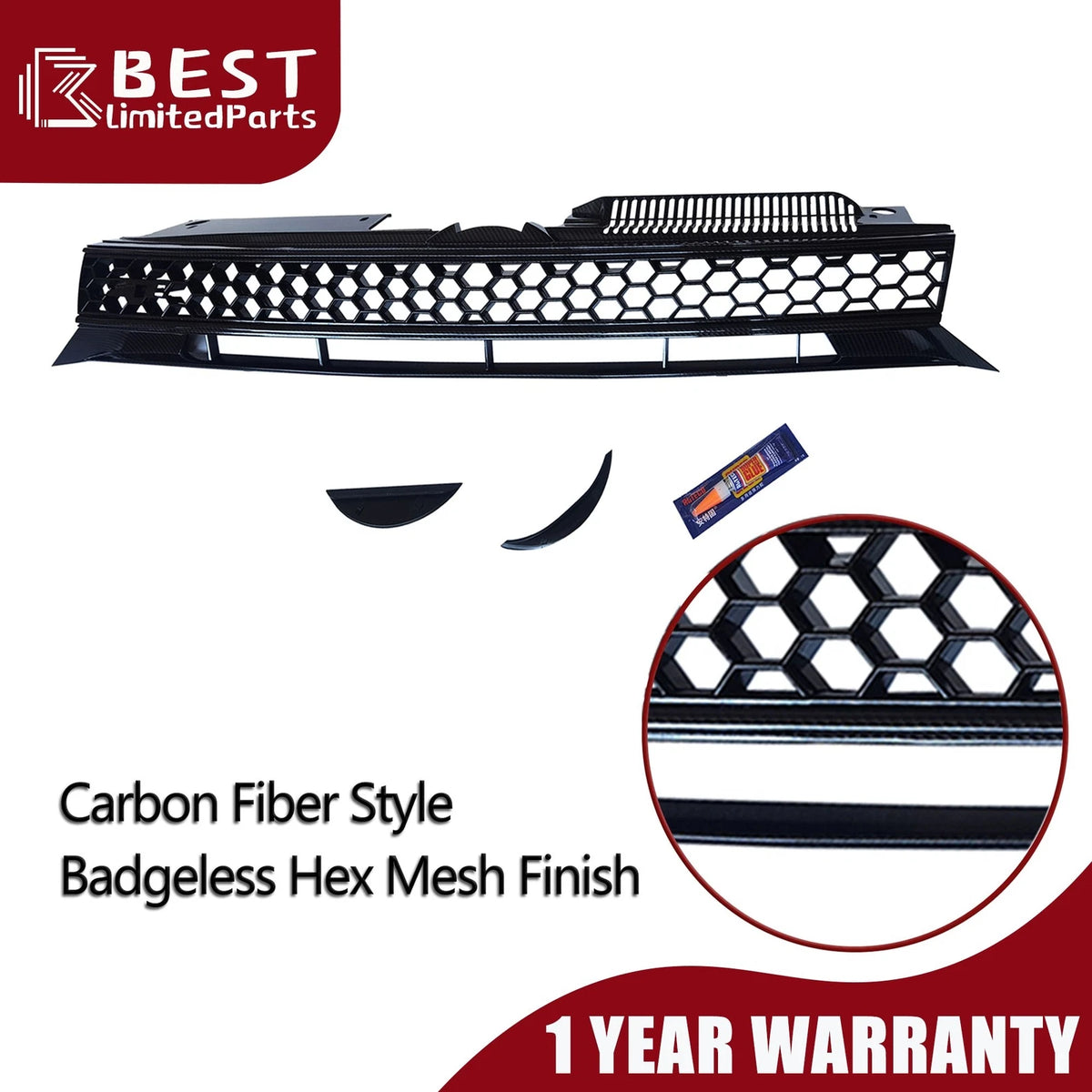 Badgeless Hex Mesh Grille for VW MK6 Golf/GTI/Jetta (2010–2014) Carbon Fiber Print