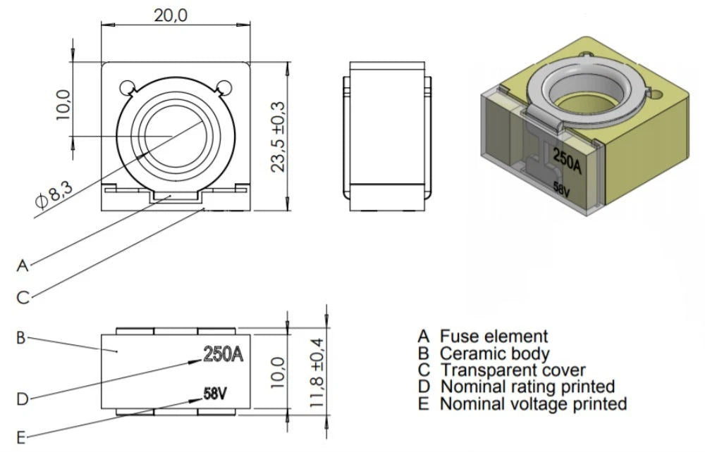 100 Amp Ceramic Fuse for Flosser Cube (Repl ZCASE CBBF)