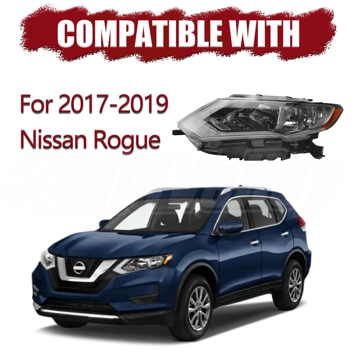 Left Headlight for Nissan Rogue (2017–2019) Halogen, LH, Without Bulb