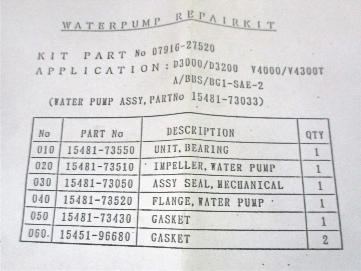 Water Pump Repair Kit for Kubota D3000 D3200 Y4000 Y4300T (07916-27520)