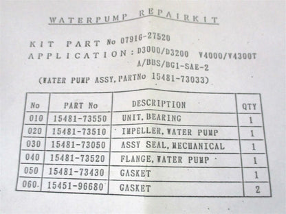 Water Pump Repair Kit for Kubota D3000 D3200 Y4000 Y4300T (07916-27520)