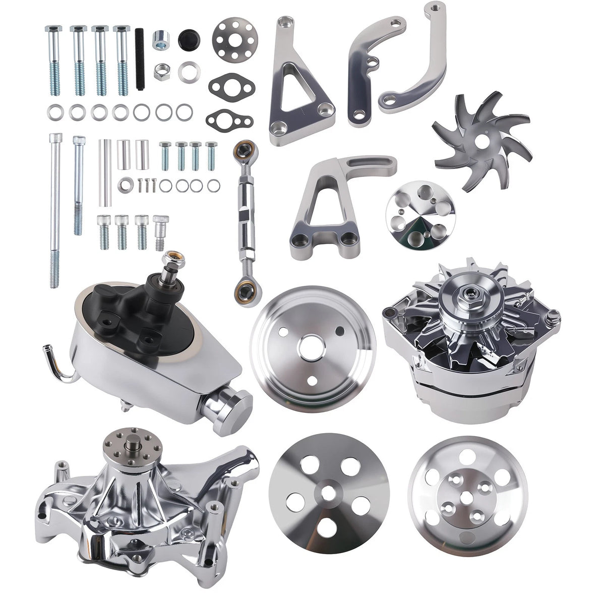Chrome Small Block Kit for Chevrolet (w/ Long Water Pump, Alternator, PS Pump)