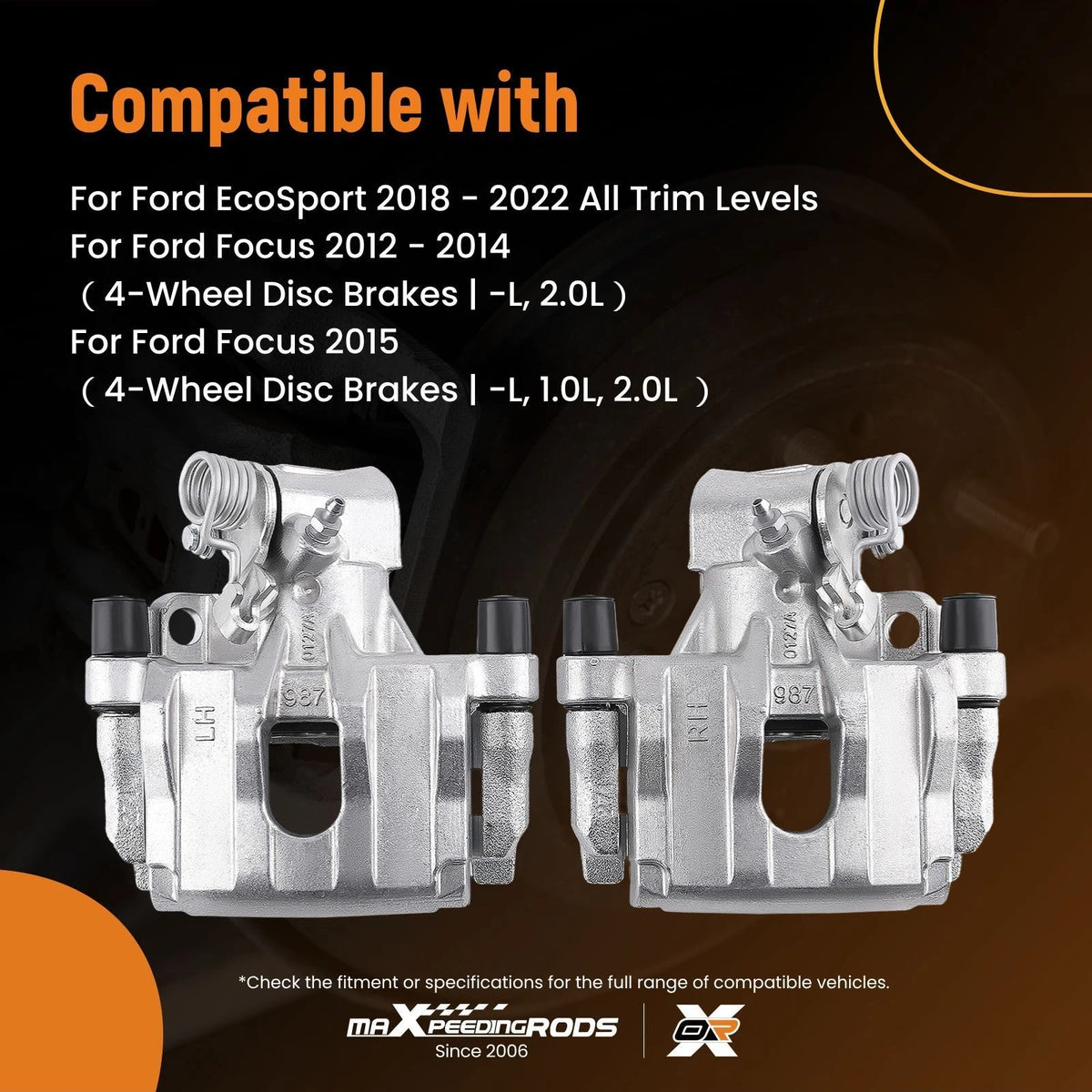Pair Rear Brake Calipers w/ Bracket for Ford Focus (2012–2018)