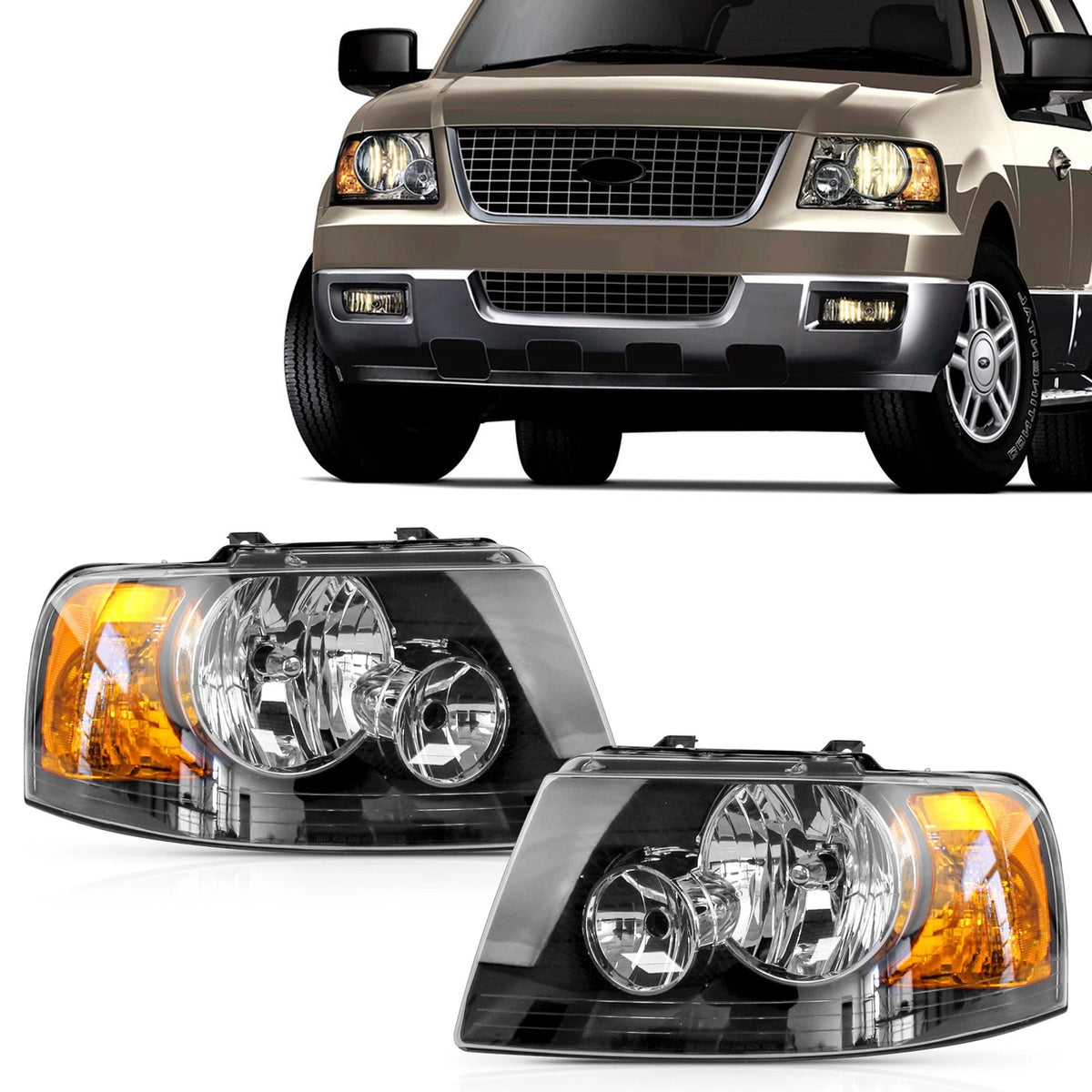 Set of 2 Headlights Assembly for Ford Expedition (2003–2006) Black Housing