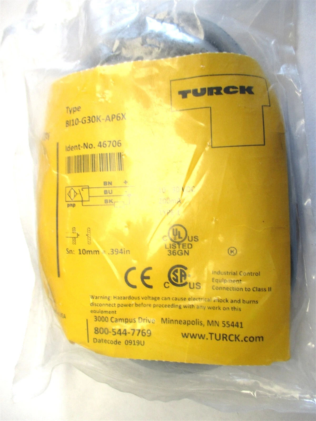 Turck Proximity Sensor BI10-G30K-AP6X 10-30 VDC for