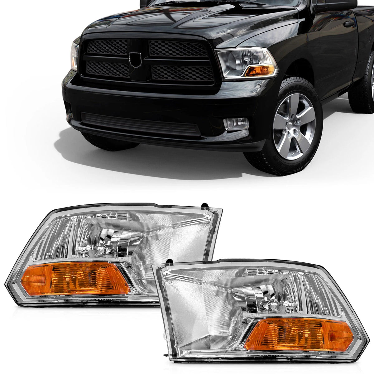 Pair Headlight Assembly Chrome for Dodge Ram 1500 2500 3500 (2009–2012)