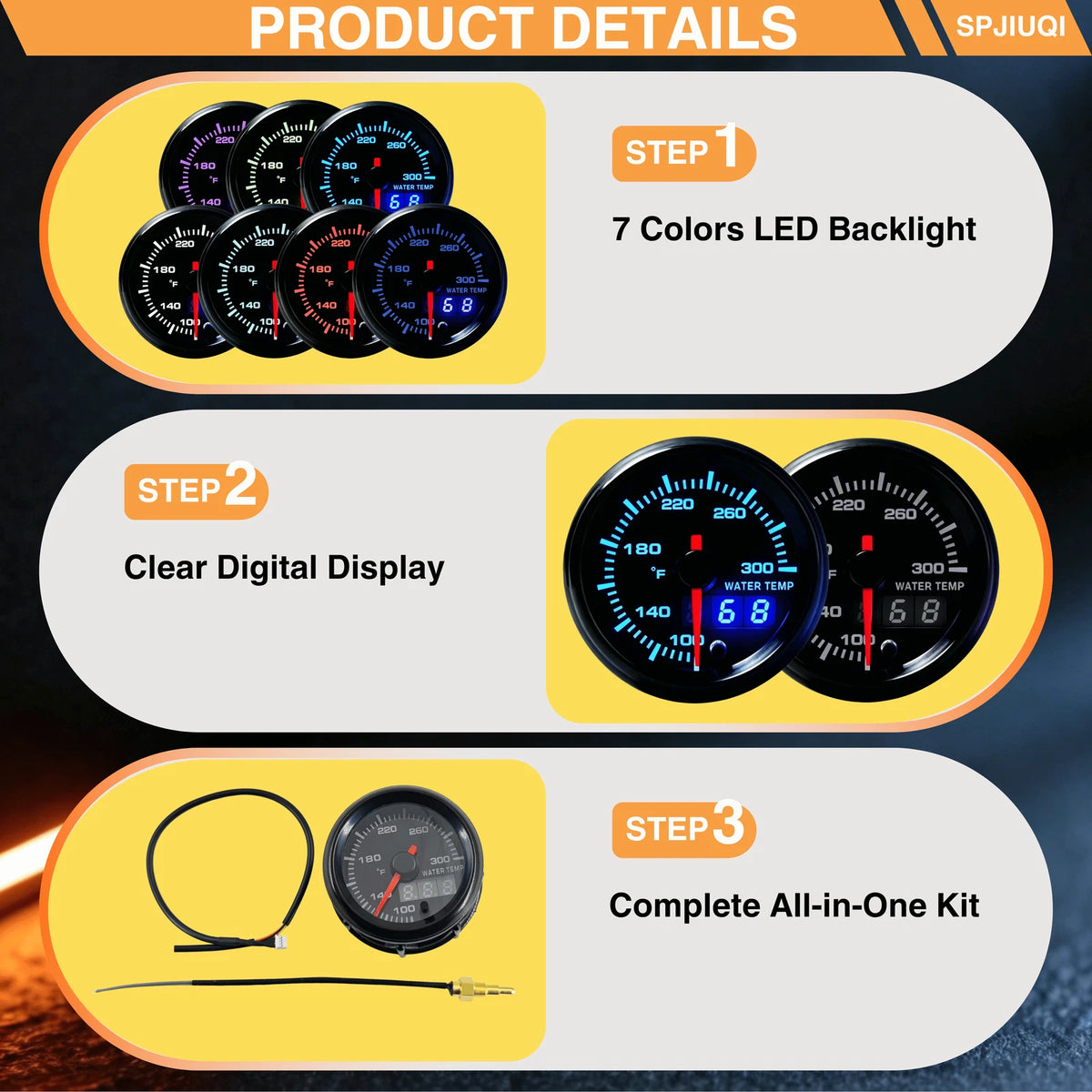 Water Coolant Temp Gauge Kit for Universal Vehicles (12V) - 7 Color, Sensor, Harness