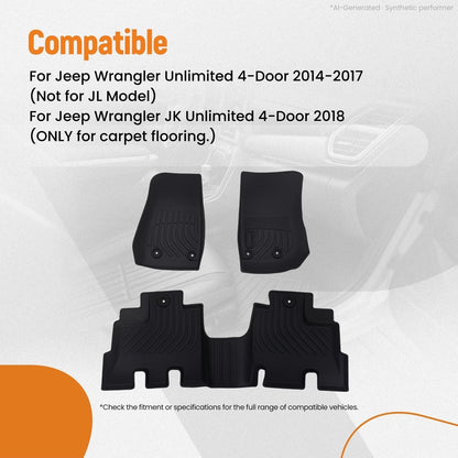 Set of 4 Carpet Floor Mats for Jeep Wrangler Unlimited (2014–2017) Black TPE Anti-Slip