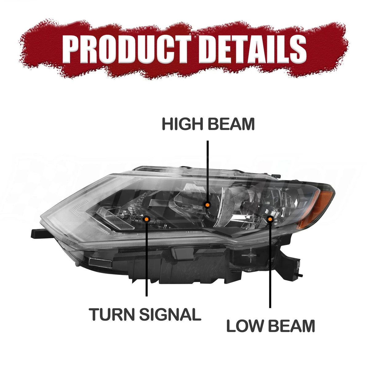 Left Headlight for Nissan Rogue (2017–2019) Halogen, LH, Without Bulb