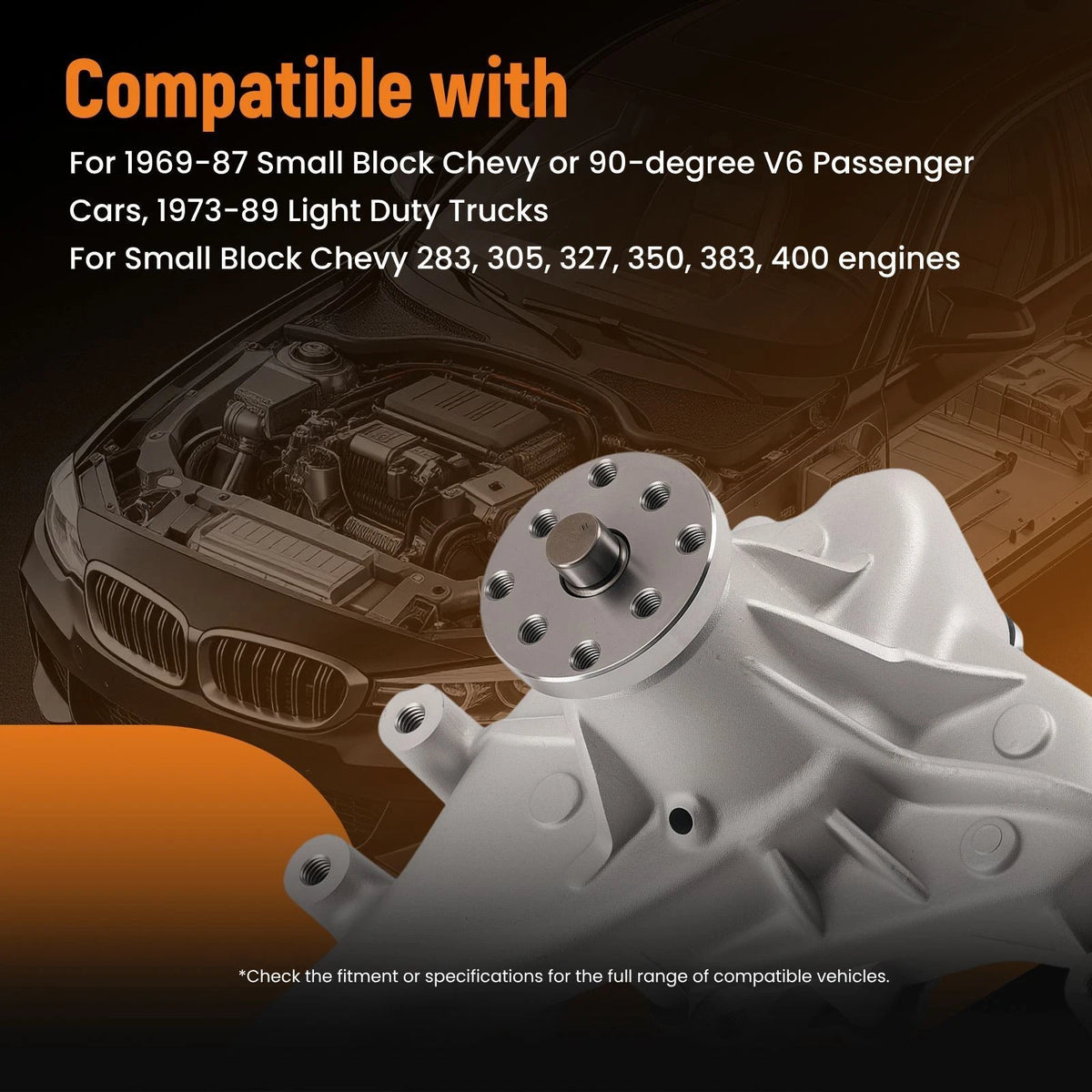 Aluminum Long Water Pump & 2 Groove Crankshaft Pulley Kit for SBC Chevy 350 (1969–1986)