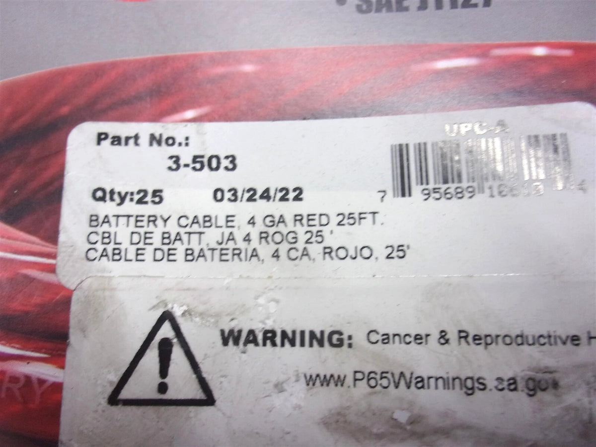 3-503 Phillips 25' Red 4 Gauge Flexible Battery Cable for Automotive