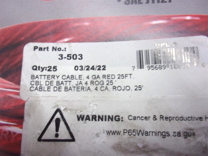 3-503 Phillips 25' Red 4 Gauge Flexible Battery Cable for Automotive